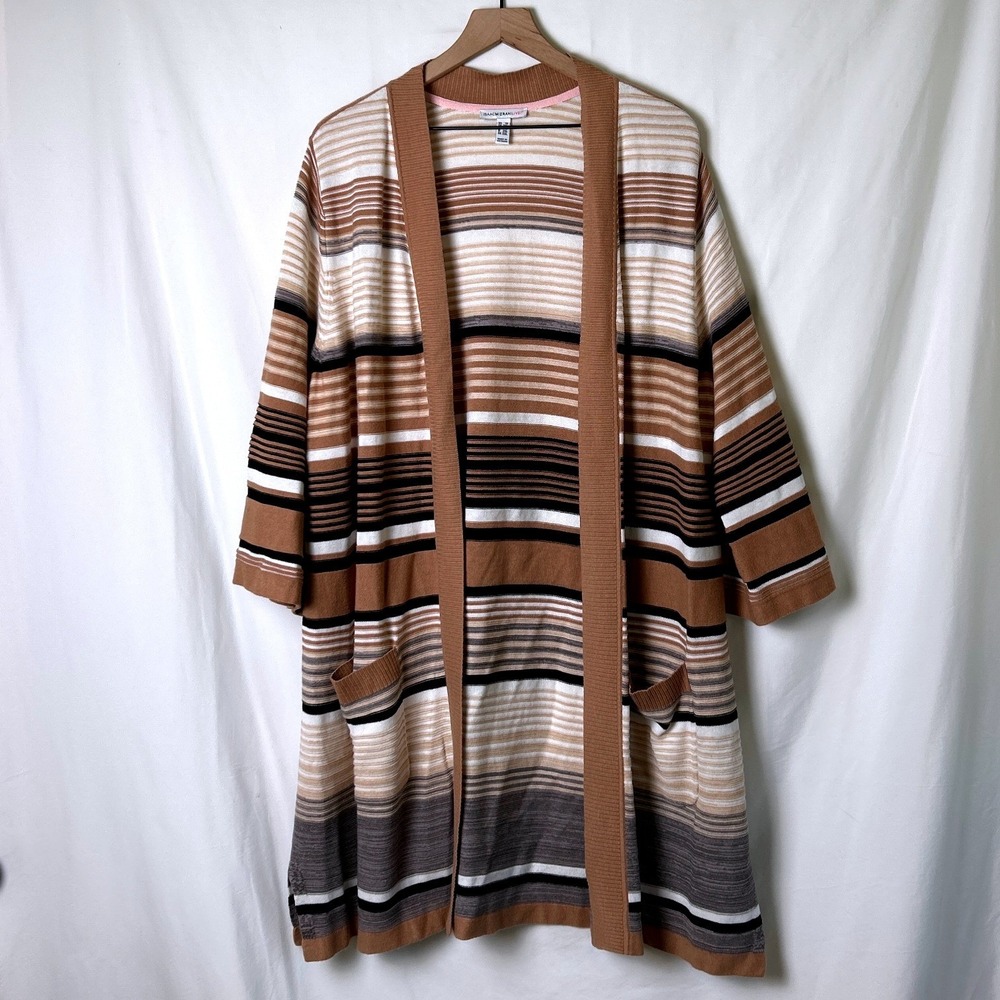 Isaac Mizrahi Womens Striped Open Front Longline Cardigan Size 1X Brown Tan